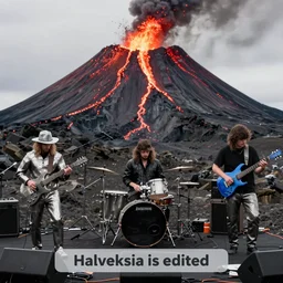 hd photo wide shot of a metal band playing in front of an icelandic volcano as it slowly erupts and pools behind them, bassist has a blue guitar, perfect lighting, text saying Halveksia is edited on as an overlay