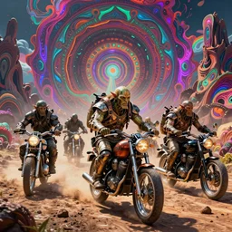 psychedelic post apocalyptic orc biker gang, sharp focus, psychedelic colors, michael whelan, boris vallejo