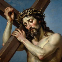 A beautiful Christ carrying the cross with the crown of thorns, as painted by El Greco, vibrant color scheme, highly detailed, in the style of romanticism, fine Art, high detail, great lighting, 8k resolution, masterpiece, concept art, illustration, clear eyes, soft lighting, soft details, painting oil on canvas, octane render, HDR, trending on artstation, 4k, 8k, HD
