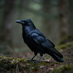 werecreature consisting of a crow and a human, werecrow, photograph captured in a dark forest