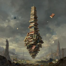 a tower of books floating in the air, a detailed matte painting by Józef Szermentowski, deviantart, fantasy art, dystopian art, apocalypse landscape, matte painting
