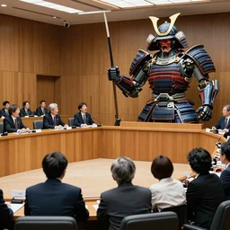 UN meeting at The Hague , members yelling and screaming animatedly at Japan’s seating member, a large godlike masked and helmeted cyborg samurai , courtroom drawing , Photo realistic , Gregory Crewdson , Award winning. Masterpiece, exquisite detail, post processing