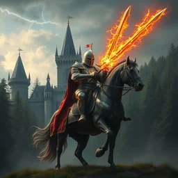 knight mounted in a horser, wielding a greatsword of fire with electricity element, standing in frontal of a castle, castle realistic, armor lightnings elemental hyperrealism, big forest world fantasy hyperrealism, sky with lightning clouds, hyperrealism by greg rutkowski hyperrealism