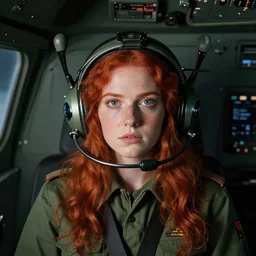 realistic redhead pilot, green, night, helm, facing camera, photo realistic, detailed, 1 9 4 5, 8 k, hyper realism