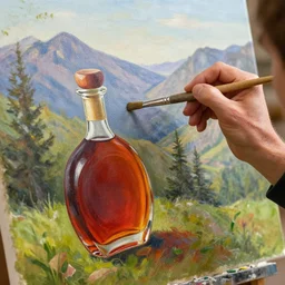 a closeup photorealistic photograph of bob ross holding a paintbrush and diligently finishing a canvas painting of an armagnac decanter in nature. mountains and trees. film still. brightly lit scene. this 4 k hd image is trending on artstation, featured on behance, well - rendered, extra crisp, features intricate detail, epic composition and the style of unreal engine.