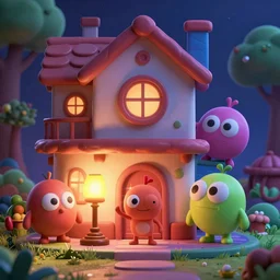 9 0 s 3 d render of nickelodeon characters in a crazy house, lit by a lamp, creepy colorful lighting - n 9