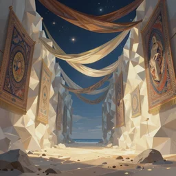 polygonal beach with giant walls and skies showing the stars and hanging silk drapery and tapestries, light dust, magnificent, close up, sharp focus, elegant, highly detailed, illustration, by jordan grimmer greg rutkowski wlop maya takamura, intricate, trending artstation, pixiv, digital art
