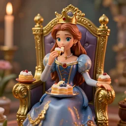 highly detailed closeup, portrait of a tin toy fairytale princess sitting on a throne wearing a crown eating cakes, unreal engine, nicoletta ceccoli, mark ryden, earl norem, lostfish, global illumination, detailed and intricate environment