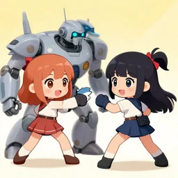 chibi anime of two girls fighting a robot
