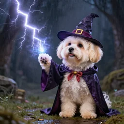 a cream-colored havanese dog dressed as a wizard, casting a powerful spell of lightning and rain
