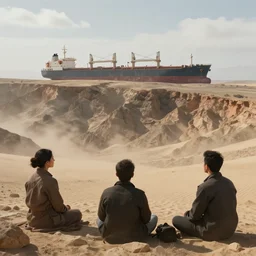 windswept vista overlooking distant gigantic cargo ship run aground on top of death valley cliffs. jasmin habezai - fekri, anton fadeev, tony zhou shuo, greg rutkowski, unreal engine 5