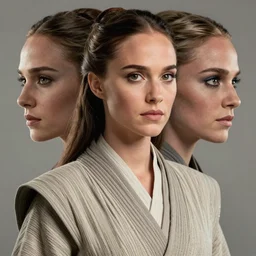 natalie portman, three - quarter view, female, jedi master, wearing the traditional jedi robe, beautiful and uniquely odd looking, detailed symmetrical close up portrait, intricate complexity, in the style of artgerm and ilya kuvshinov, magic the gathering, star wars art,