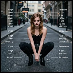 Emma Watson for Victorian Secret as goth, squatting pose, corset, full length shot, dark street, itemized, XF IQ4, 50MP, 50mm, f/1.4, ISO 200, 1/160s, natural light, Adobe Lightroom, rule of thirds, symmetrical balance, depth layering, polarizing filter, Sense of Depth