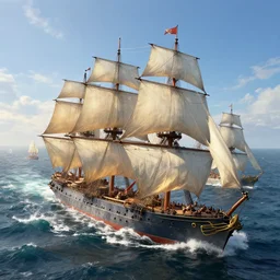 armada of 1 9 th century warships on a rough sea, blue sky, fantasy, concept art, high angle, highly detailed, warm lighting, volumetric, godrays, vivid, trending on artstation, by jordan grimmer, greg rutkowski