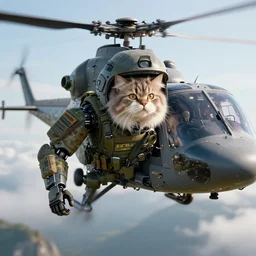 a mech sodier with a head of a british longhair cat in the helicopter cabin ready to deploy, epic scene, by greg rutkowski