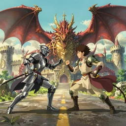knights and dragon lol style fight on road near castles, by studio ghibli, makoto shinkai, by artgerm, by wlop, by greg rutkowski, volumetric lighting, movie action scene, 8 k, lumen reflections, sharpened, insanely detailed and intricate, elegant, ornate