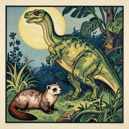 a ferret and a dinosaur, colored woodcut, poster art, by Mackintosh, art noveau, by Ernst Haeckel
