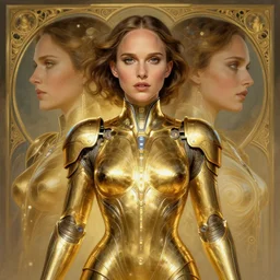 symmetry!! portrait of natalie portman, gold sci - fi armour, tech wear, glowing lights!! sci - fi, intricate, elegant, highly detailed, digital painting, artstation, concept art, smooth, sharp focus, illustration, art by artgerm and greg rutkowski and alphonse mucha