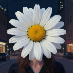 closeup, huge daisy flower as a head, woman in modern city, surreal photography, night light, dark, impressionist painting, digital painting, artstation, simon stalenhag