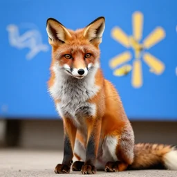 medium shot, photo of a fox animal sitting in walmart