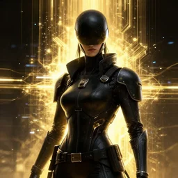 pfp portrait cyberpunk warrior black gold futuristic vibrations volumetric lighting void graphic novel art