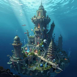 masterpiece artwork of a underwater city, hyper detailed, art, trending in artstation, behance, deviantart, art style by kim jung gi and greg rutkowski