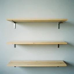 3 empty shelves on a light grey wall, Off-White, realistictic, color film photography by Tlyer Mitchell, 35 mm, graflex