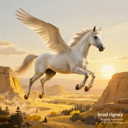 detailed fantasy illustration of a majestic beautiful galloping white pegasus flying above a landscape of yellow desert mesas rising from a forest floor at sunrise, trending on artstation, digital art ( by brad rigney ) ( by greg rutkowski ) ( by artur treffner )