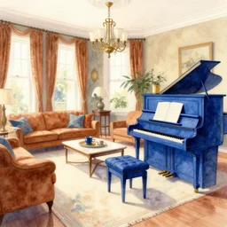 a hiper intricate watercolor of a beatiful living room with piano in ultramarine and burnt sienna colors, extremely detailed, sharp focus, wide view, smooth, elegant, digital illustration, colorfull, by william turner art, by greg rutowski
