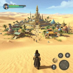 an isolated bustling religious warrior village with colorful spiritual sacred alien architecture in the lush oasis of a vast hot sand desert, 3 rd person action adventure, let's play, walkthrough, screenshot, gameplay, final fantasy, square enix, jrpg, cutscene, unreal engine, 4 k, ultra high settings, rtx, next gen graphics, playstation 5