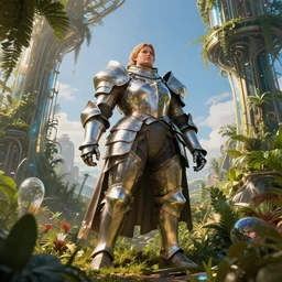 a heavy-set female knight in a hi-tech botanical world with blue skies | style of donato giancola, vincent callebaut, dramatic light | high detail | cinematic lighting | pristine metals, glass, plants | solarpunk | golden hour | volumetric lighting | strong wide body | concept art |
