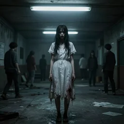 creepy mangled woman wearing white dress standing in the backrooms, playable trailer, psychological horror, the eerie forlorn atmosphere of a place that's usually bustling with people but is now abandoned and quiet, buzzing fluorescent lights above the ceiling, unsettling images, liminal space, dark, created by hideo kojima