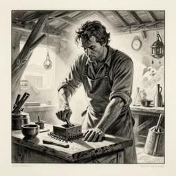 sin city style comic drawing of charlie day as a blacksmith