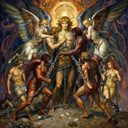 book of enoch, angels capture demons with huge chains and send them to hell, by greg rutkowski and mucha and remington, trending on artstation