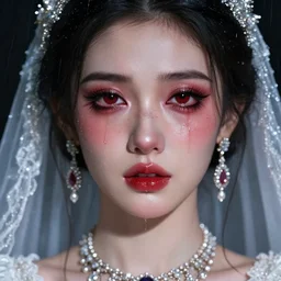 ilyana vyulnika as a young bride in the dark, heavy makeup, crying eyes, red eyecolor, tears, leaked mascara, lipgloss, portrait, closeup, cute freckles, gloss effects, and exaggerated proportions, intricate jewelry, after rain, digital art by julia razumova and mel milton, trending on artstation, 4 k high quality