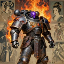 composition of gothic and futuristic, warhammer, cyber japan armor, more and more scars, fireerstorm, purple head, some orange and blue, the middle ages, highly detailed, artstation, in the style of moebius, jugendstil and classic japanese print, art by jean delville, compositon by rene magritte