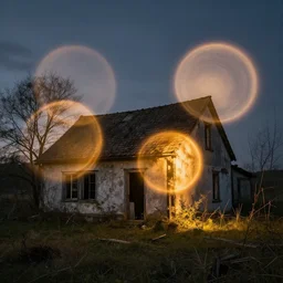 orbs of light surround an abandoned cottage