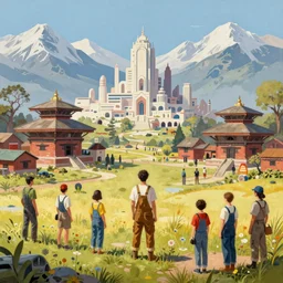 a mixed media painting of a country nepal in year 2 0 7 0 in overalls mountains and temples, minimalist, a ruined futuristic art deco city sits in the distance, camera angle from the top, by frank frazetta, greg rutkowski, beeple, yoko taro, christian macnevin, beeple, wlop and krenz cushart, epic fantasy character art, volumetric outdoor lighting, midday, high fantasy, cgsociety, cheerful colours, full length, exquisite detail, post - processing, masterpiece, cinematic