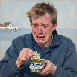 mixed media painting of a man crying after opening a tin of surstromming