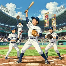 poster of young baseball player winning in koshien stadium, blue sky and white clouds, the feeling of summer, intricate, highly detailed, digital painting, artstation, concept art, sharp focus, illustration, art by studio ghibli, makoto shinkai, lois van baarle, ilya kuvshinov, greg rutkowski and alphonse mucha, 8 k