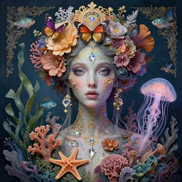 hyperrealistic detailed portrait of a feminine chimera, with flowers, butterflies, corals, sea kelp, sea plants, fish, starfish, jellyfish, diamonds, filaments, golden filigree, neon lights, art by ernst haeckel, john william godward, hammershøi, alphons mucha, pontormo, ornamental, decorative, lights by edward hopper, pastel deep colours