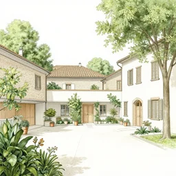 photo, detailed graphic illustration of italian village courtyard designed by by frank lloyd wright architect, plants and trees, bill sienkiewicz, plants trail from balconies, parrots fly, abstract geometric mirrored sculptures, sunset, waterfalls, parrots, 3 d architectural model, octane render