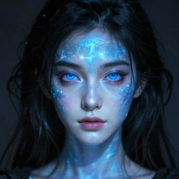photorealistic portrait of beautiful monster girl, black hair, blue eyes, glowing skin, detailed face, sharp focus