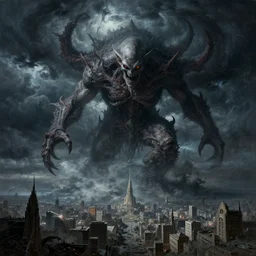 an ultradetailed landscape painting of cthulu descending from space, looming ominous over a city, dark thunderstorm, lovecraftian horror, monster from beneath the waves, intricate detail, cinematic, 8 k, cel shaded, volumetric lighting, octane render, art by greg rutkowski and albert bierstadt
