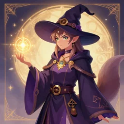 illustration of an anthropormophic vixen mage woman in a wizard hat and robe, arcane symbols, magic student