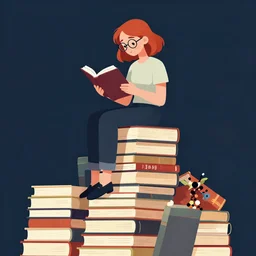 a young woman with red hair and glasses sits on top of a tall pile of books. she is reading. cel shaded vector art. behance hd by artgerm, jesper ejsing, by rhads, makoto shinkai and lois van baarle, ilya kuvshinov, rossdraws, illustration, art by ilya kuvshinov and gustav klimt