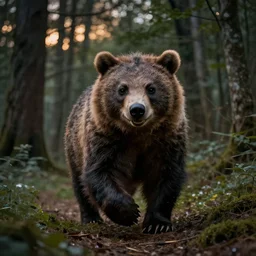 beautiful hyper-realistic photograph of an angry owlbear charging toward the camera through a forest at dusk featured in national geographic, dungeons and dragons, in the style of Asher Brown Durand, thomas cole