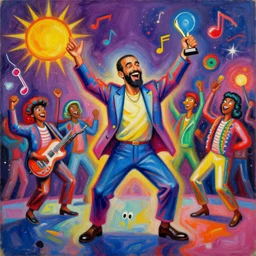 mohamed ali. party, neon, colorful, party happy dancing characters,, music ( ( ( sun ) ) ), stunning, award, winning masterpiece by marc simonetti, by moebius and basquiat, oil on canvas