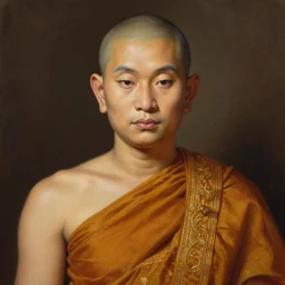 smart tai buddhist monk, sukothai, closeup portrait, without eyebrows, historical hero, ethnic group, tai costume, intricate, elegant, loin cloth, highly detailed, oil painting, artstation, concept art, matte, sharp focus, illustration, hearthstone, art by earl norem