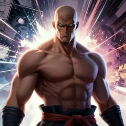 upper body illustration of a samurai master, evil look, strong chest, muscular body, mattepainting concept blizzard pixar maya engine on stylized background splash comics global illumination lighting artstation, sharp focus, lois van baarle, ilya kuvshinov, rossdraws